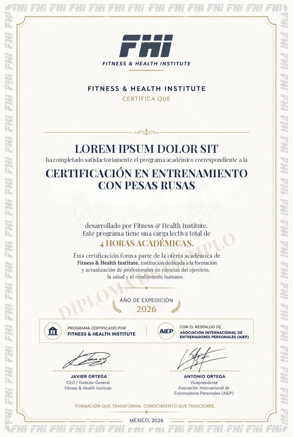 Ejemplo del diploma FHI de la Certificación en Entrenamiento con Pesas Rusas